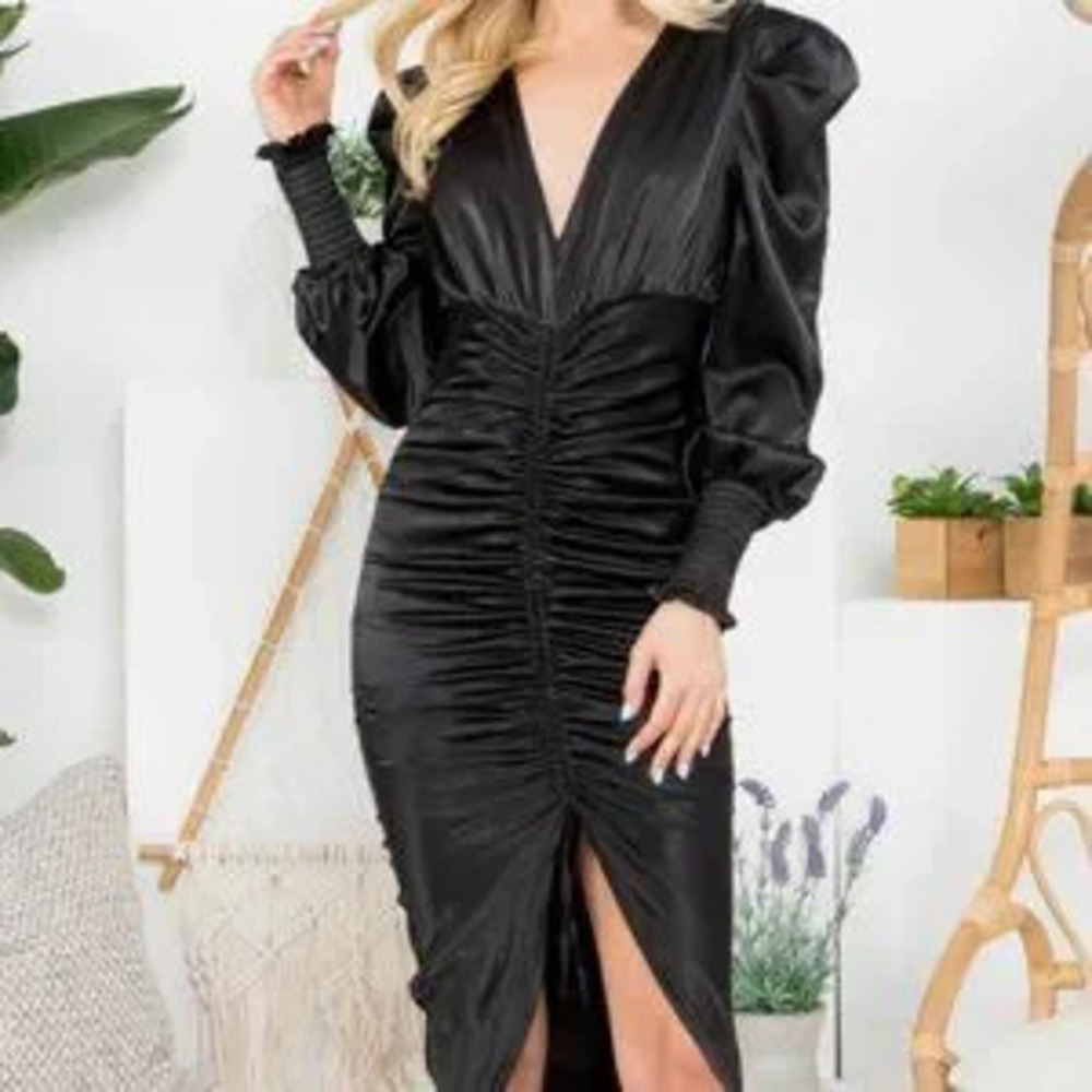 ZARA BLACK SATIN BODYCON RUCHED LONG SLEEVED DRESS